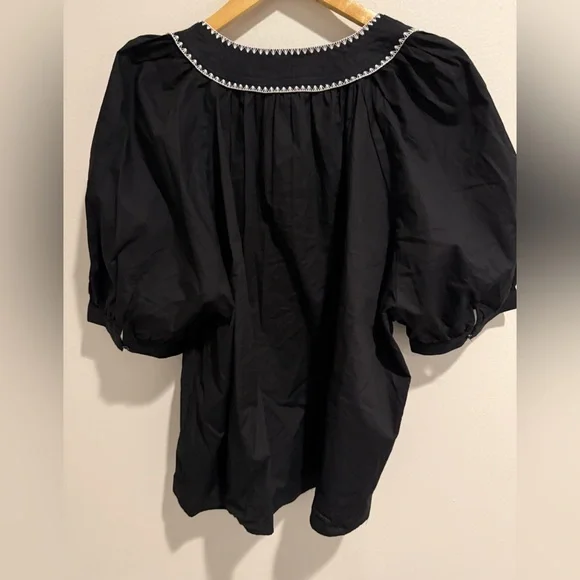 H&M NWT Black Embroidered Blouse Puff Sleeve Contrast Stitch Boho Statement Top - Picture 8 of 12